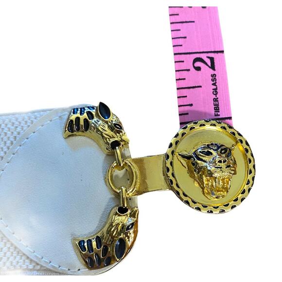 Vintage 80s motel cheetah head buckle gold tone Ivory Stretch belt Sz L - Picture 4 of 11